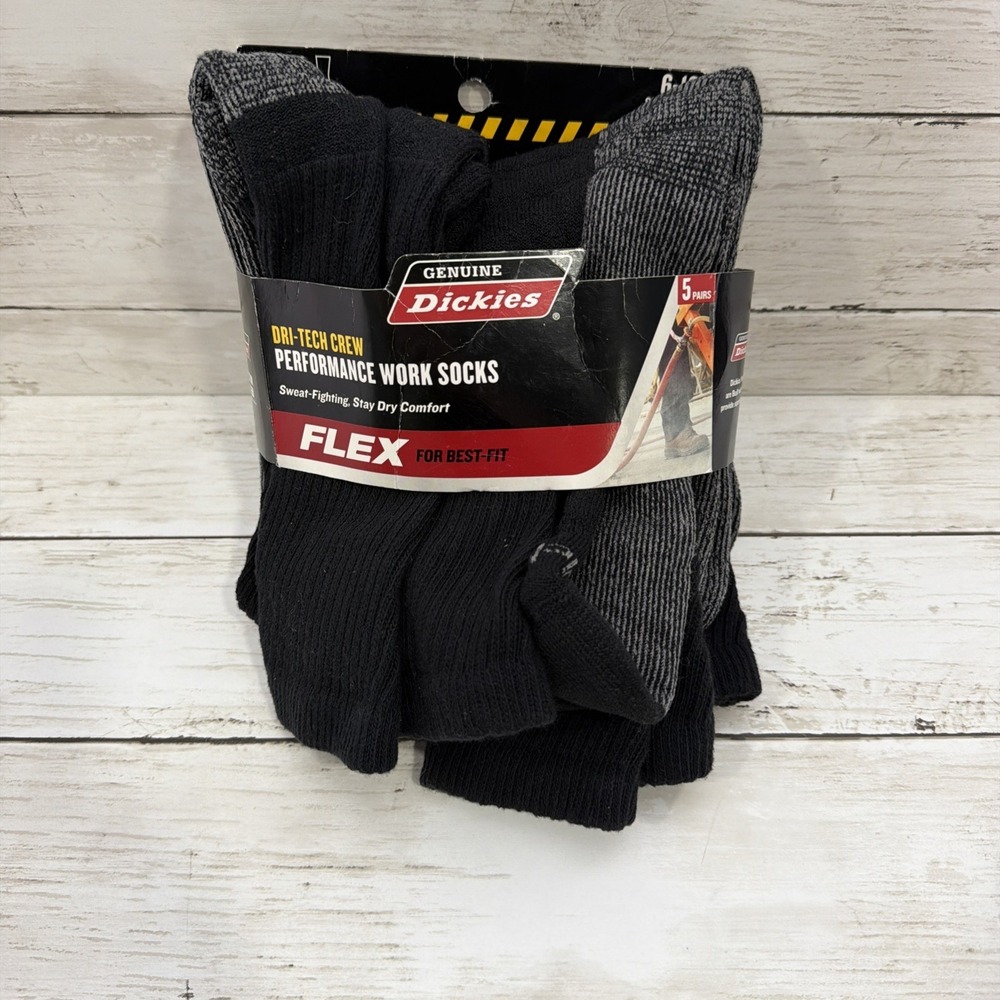 Dickies Crew Work Socks Dri-Tech Men's Shoe Size 6-12 Black & Grey  5 Pairs